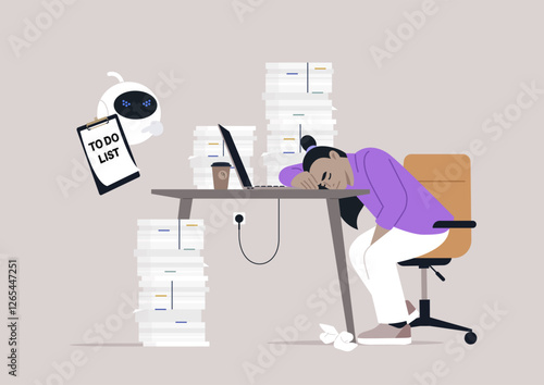 A frustrated robot hovers over a tired worker, surrounded by towering piles of documents, The employee rests head on desk, overwhelmed by the tasks outlined on a clipboard