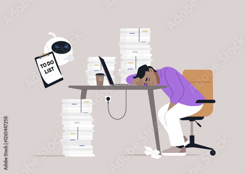 A frustrated robot hovers over a tired worker, surrounded by towering piles of documents, The employee rests head on desk, overwhelmed by the tasks outlined on a clipboard
