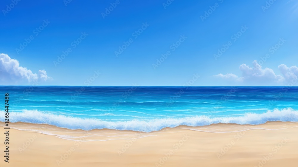 A serene beach scene showcasing a clear blue sky and calm ocean waves gently lapping against the golden sand, perfect for conveying relaxation, peace, and tropical beauty. A serene beach scene showcasing a clear blue sky and calm ocean waves gently lapping against the golden sand, perfect for conveying relaxation, peace, and tropical beauty.