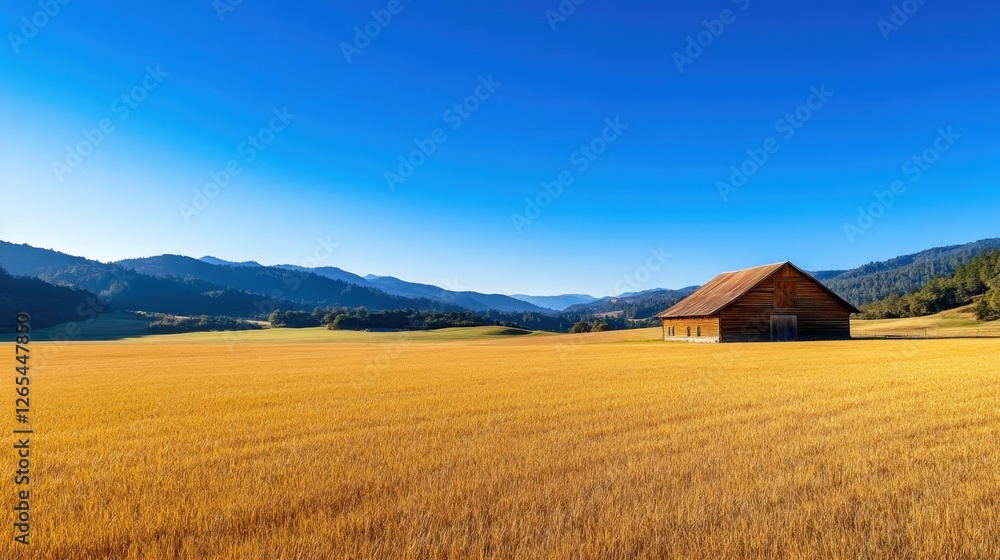 A picturesque landscape featuring a golden wheat field under a clear blue sky, complemented by a mountainous backdrop and a charming wooden barn, perfect for nature enthusiasts. A picturesque landscape featuring a golden wheat field under a clear blue sky, complemented by a mountainous backdrop and a charming wooden barn, perfect for nature enthusiasts.