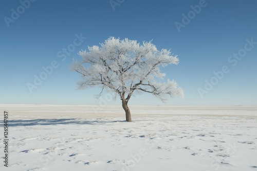 Solitary tree stands in a vast snow-covered field under a bright blue sky during winter