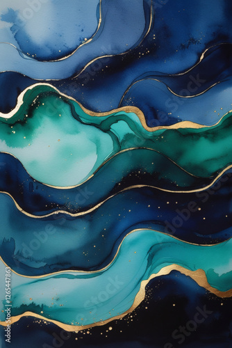Wallpaper Mural Luxury Abstract Watercolor Painting with Oceanic Blues and Gold Accents Torontodigital.ca