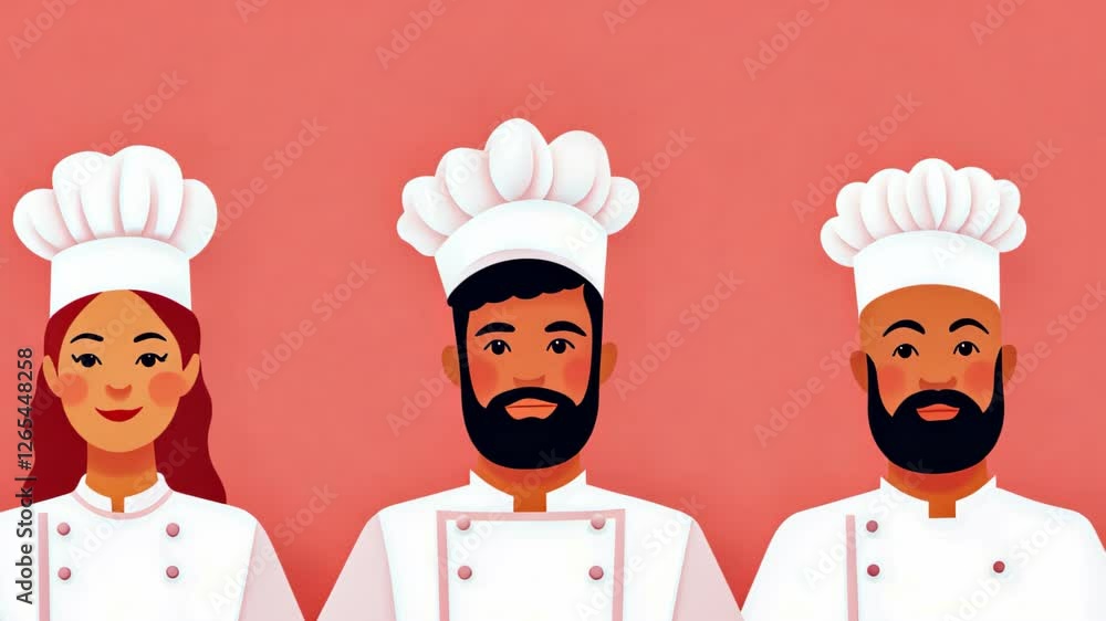 Multicultural Team of Chefs Illustrating Culinary Collaboration on Coral Pink Background Multicultural Team of Chefs Illustrating Culinary Collaboration on Coral Pink Background