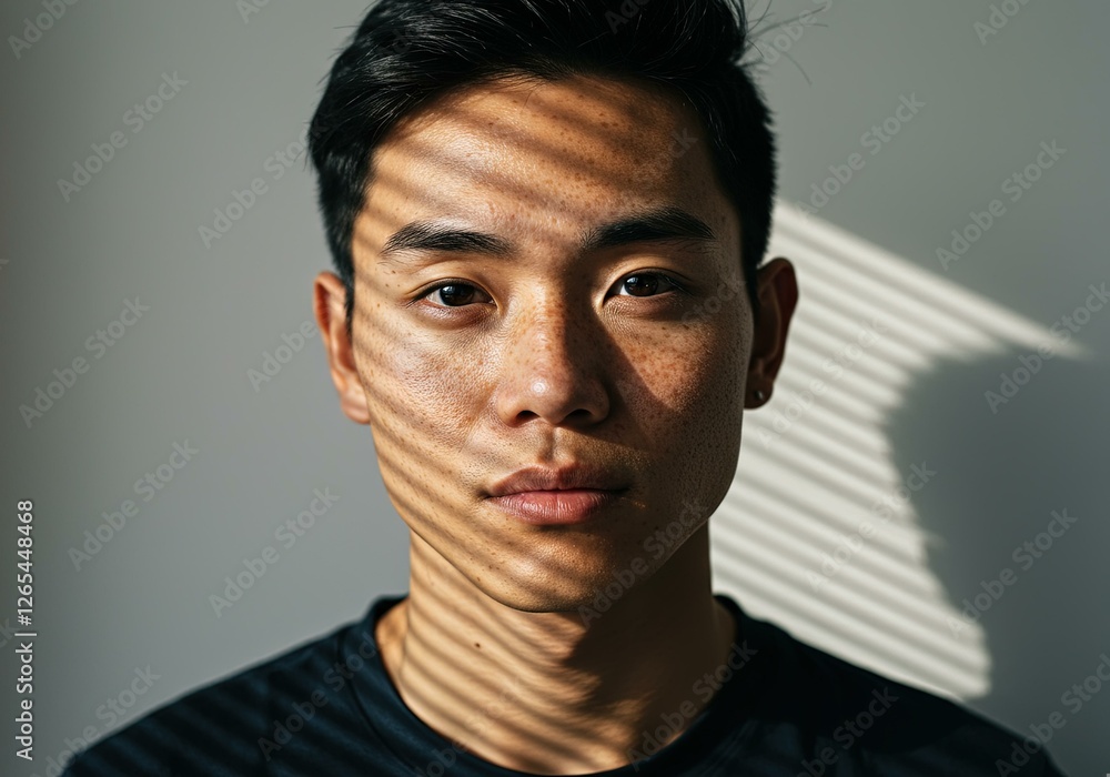 Fototapeta premium Young Asian Male Portrait Shadow Stripes Neutral Background - Introspective Self-Reflection Personal Growth New Year Resolutions Marketing Materials