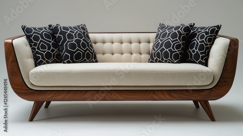 Mid-century modern sofa with patterned pillows in a studio setting photo