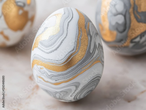 Elegant marbled eggs in white, gray, and gold showcase intricate designs, perfect for festive decor or artistic displays. photo