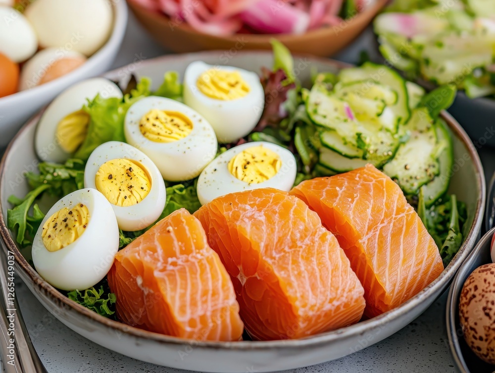 A vibrant bowl featuring fresh salmon, boiled eggs, and assorted greens, showcasing a healthy and appetizing meal. A vibrant bowl featuring fresh salmon, boiled eggs, and assorted greens, showcasing a healthy and appetizing meal.