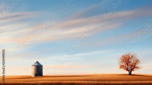 A serene landscape featuring a silo and a solitary tree against a vast sky. The golden fields stretch endlessly, creating a peaceful atmosphere, perfect for tranquil scenes. photo