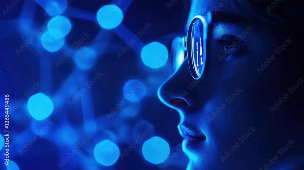 A close-up portrait of a person with glasses looking thoughtfully into the distance, illuminated by a digital blue light, representing innovation and technology. A close-up portrait of a person with glasses looking thoughtfully into the distance, illuminated by a digital blue light, representing innovation and technology.