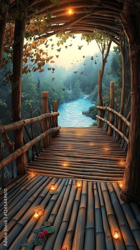 Fototapeta premium A scenic, tranquil bridge made of bamboo over a calm stream surrounded by trees and soft golden light, creating a peaceful atmosphere