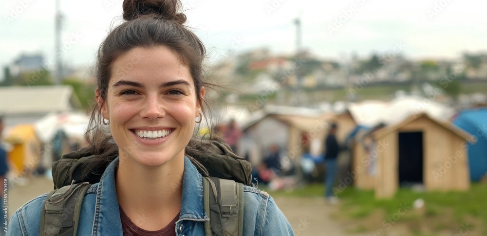 Woman with a backpack smiles warmly while surrounded by tents and people, enjoying a vibrant outdoor atmosphere at a gathering Woman with a backpack smiles warmly while surrounded by tents and people, enjoying a vibrant outdoor atmosphere at a gathering