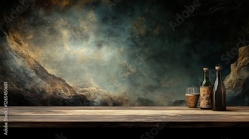 Rustic Still Life: Wine Bottles and Glass on Wooden Table Against a Dramatic Mountain Landscape AI Generated