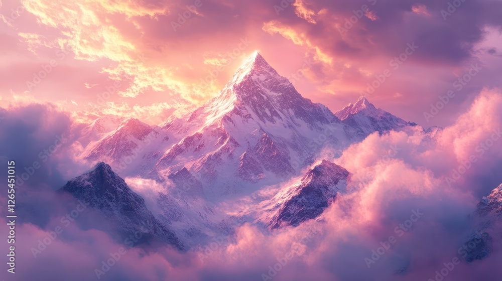 Majestic snow-capped peak sunset cloudscape, aerial view Majestic snow-capped peak sunset cloudscape, aerial view