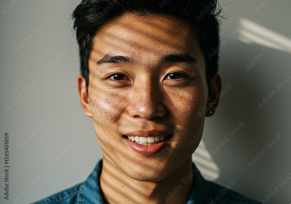 Smiling Young Asian Man Freckles Denim Shirt Soft Gray Background - Youthful Portrait Social Media Marketing, Diversity, Authenticity Millennial Gen Z Campaigns Smiling Young Asian Man Freckles Denim Shirt Soft Gray Background - Youthful Portrait Social Media Marketing, Diversity, Authenticity Millennial Gen Z Campaigns