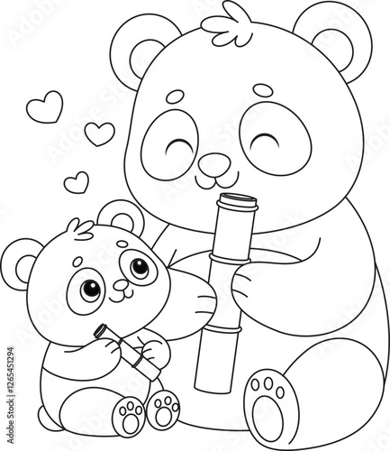 Panda and baby are chewing bamboo coloring page for kids. Mother's day and father's day coloring book