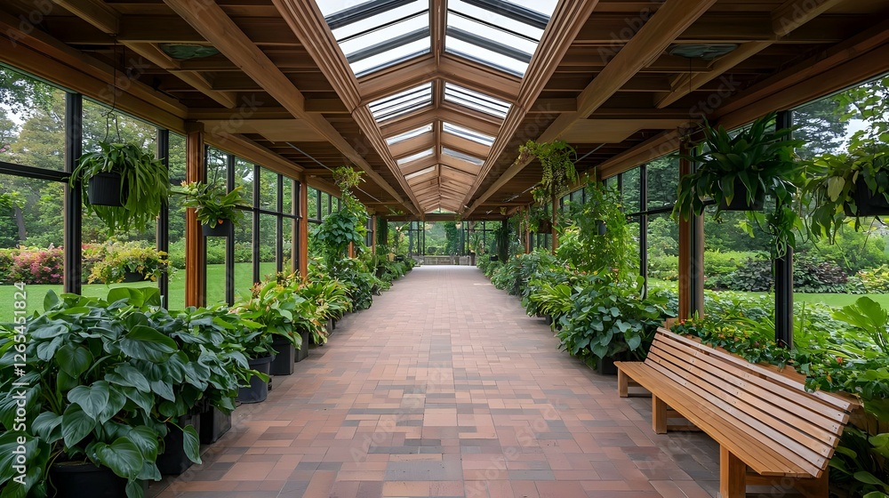 Fototapeta premium Empty Brick Pathway In Botanical Garden Greenhouse