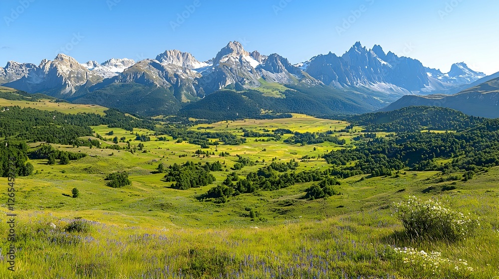 Fototapeta premium Majestic Alpine Mountain Range with Lush Green Valley