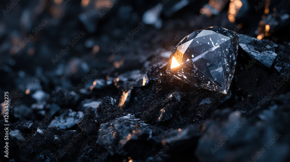 Shining diamond nestled among dark stones in a natural setting during the evening light Shining diamond nestled among dark stones in a natural setting during the evening light