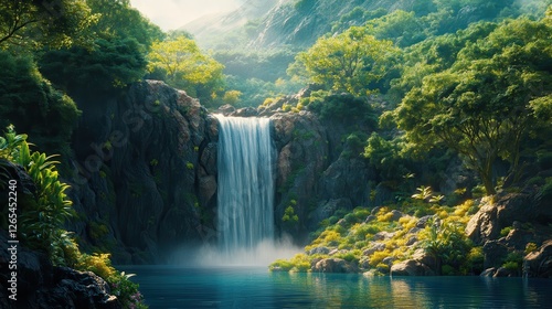 Beautiful green forest with waterfalls in the mountains, a spring nature landscape.