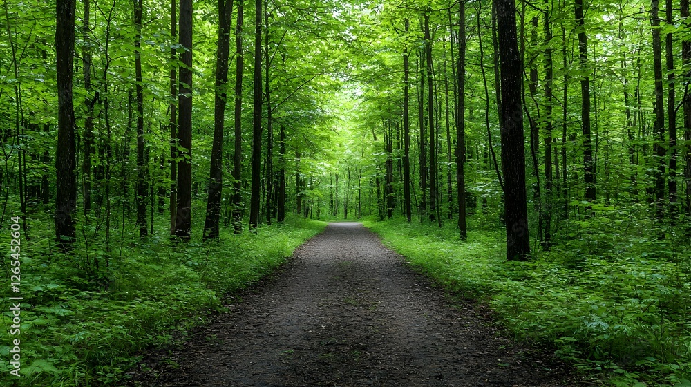 Sun Dappled Path Through Lush Green Forest Sun Dappled Path Through Lush Green Forest