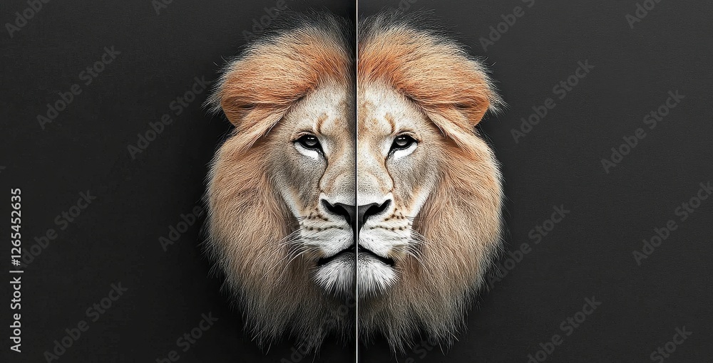 Split Lion Face Artwork on Dark Background with Detailed Fur Texture Split Lion Face Artwork on Dark Background with Detailed Fur Texture