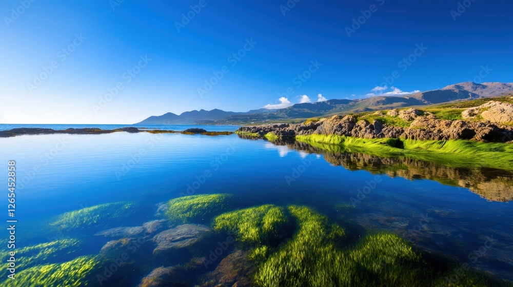 Obraz premium A serene landscape featuring a tranquil body of water surrounded by lush greenery and rocky formations under a clear blue sky, perfect for promoting nature and peace.