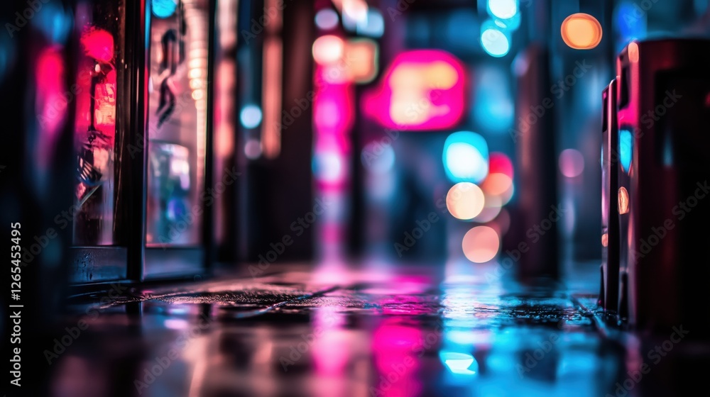 Fototapeta premium Futuristic cyberpunk neon background alley with neon purple, pink, blue, silver accents