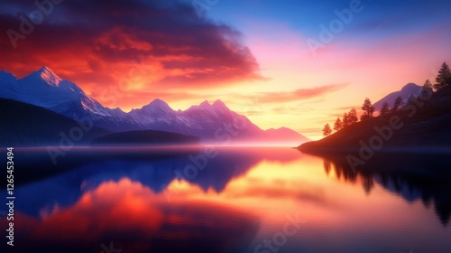 Wallpaper Mural A stunning sunset over a tranquil lake, surrounded by majestic mountains. The vibrant colors reflect beautifully on the water, creating a serene and peaceful atmosphere. Torontodigital.ca