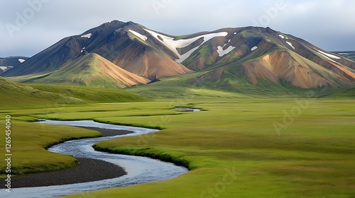 Serpentine River Flows Through Verdant Valley And Colorful Mountains photo