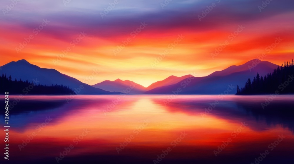 A breathtaking sunset reflecting on a calm lake, surrounded by majestic mountains. The vibrant colors of orange, purple, and blue create a serene and tranquil atmosphere. A breathtaking sunset reflecting on a calm lake, surrounded by majestic mountains. The vibrant colors of orange, purple, and blue create a serene and tranquil atmosphere.