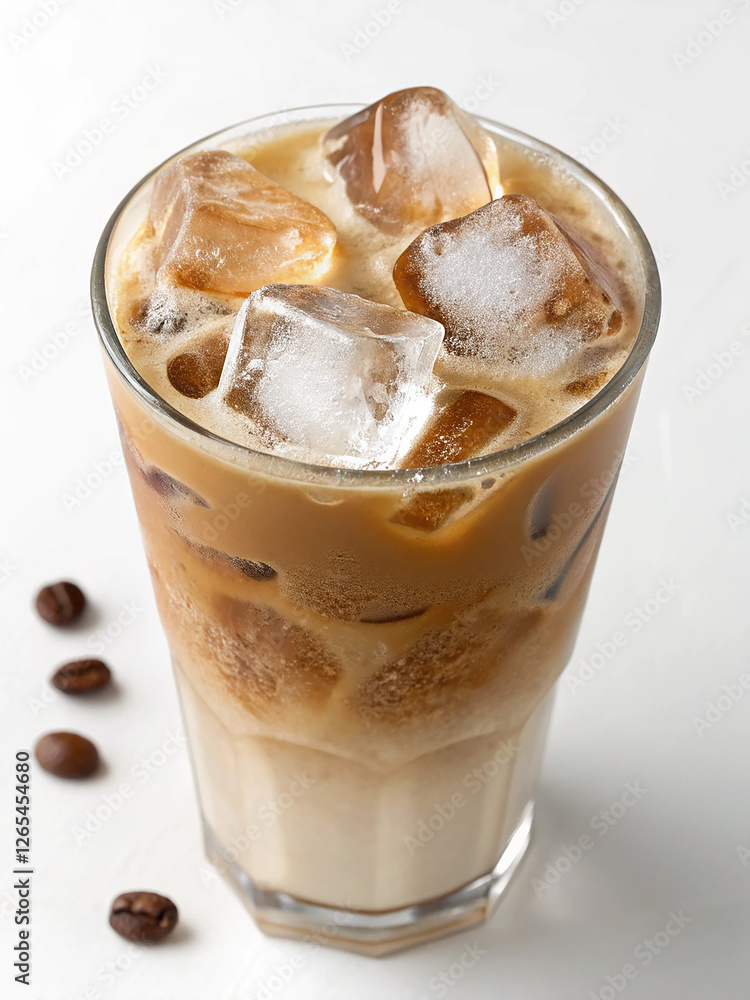 Iced Coffee Refreshment: A tall glass filled with refreshing iced coffee, complete with ice cubes and a touch of cream, sits on a counter with a few coffee beans scattered around it. Iced Coffee Refreshment: A tall glass filled with refreshing iced coffee, complete with ice cubes and a touch of cream, sits on a counter with a few coffee beans scattered around it.