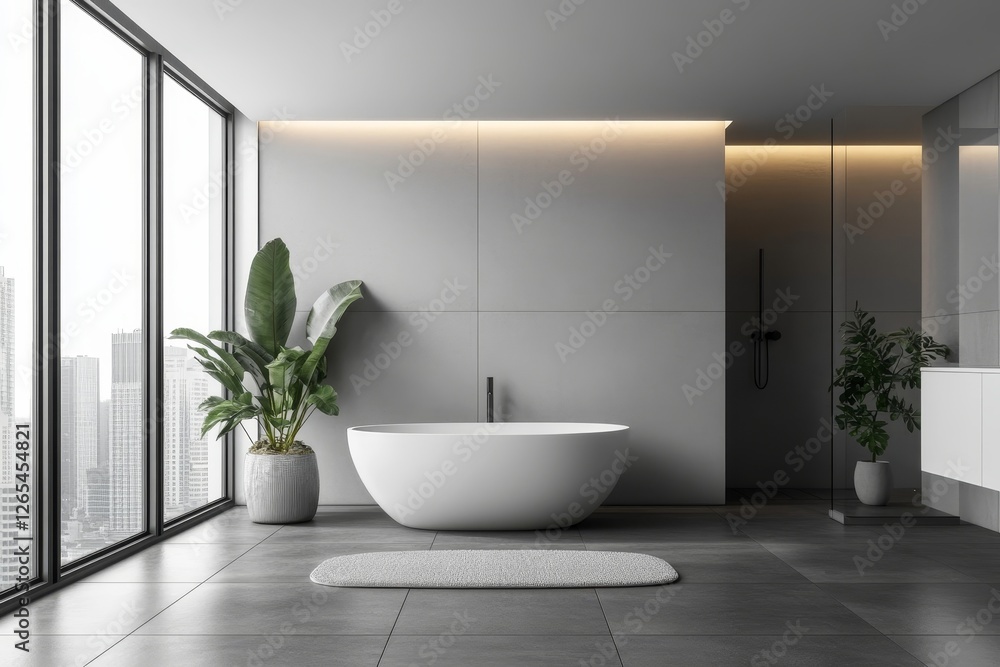 Fototapeta premium White wall-hung bidet and toilet, on gray ceramic tiles in minimalist and modern bathroom interior, Generative AI