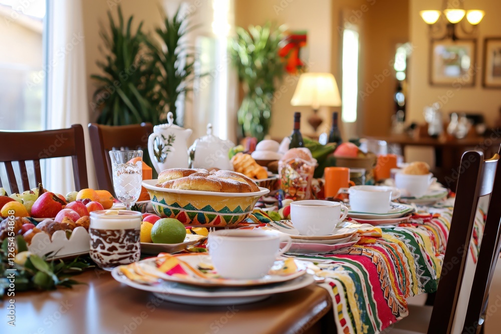 Festive table laden with fruits pastries and coffee cups creating a warm and inviting atmosphere Festive table laden with fruits pastries and coffee cups creating a warm and inviting atmosphere
