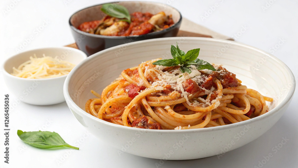 Spaghetti with Tomato Sauce: A delectable plate of spaghetti tossed in a rich tomato sauce, garnished with fresh basil and grated parmesan cheese. Spaghetti with Tomato Sauce: A delectable plate of spaghetti tossed in a rich tomato sauce, garnished with fresh basil and grated parmesan cheese.