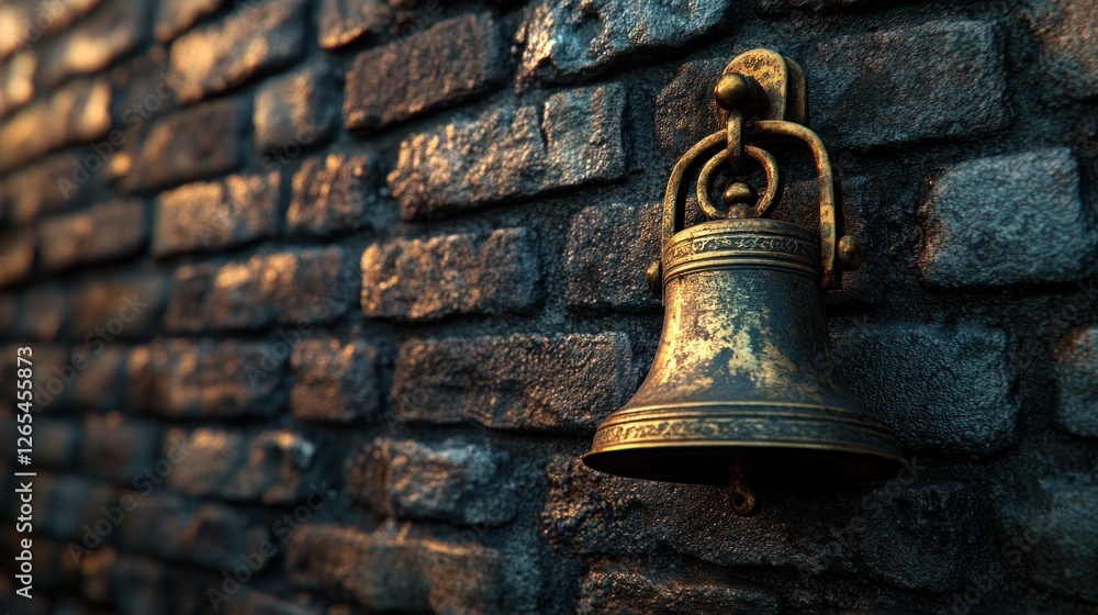Fototapeta premium Ancient bronze bell, brick wall, sunset, notification