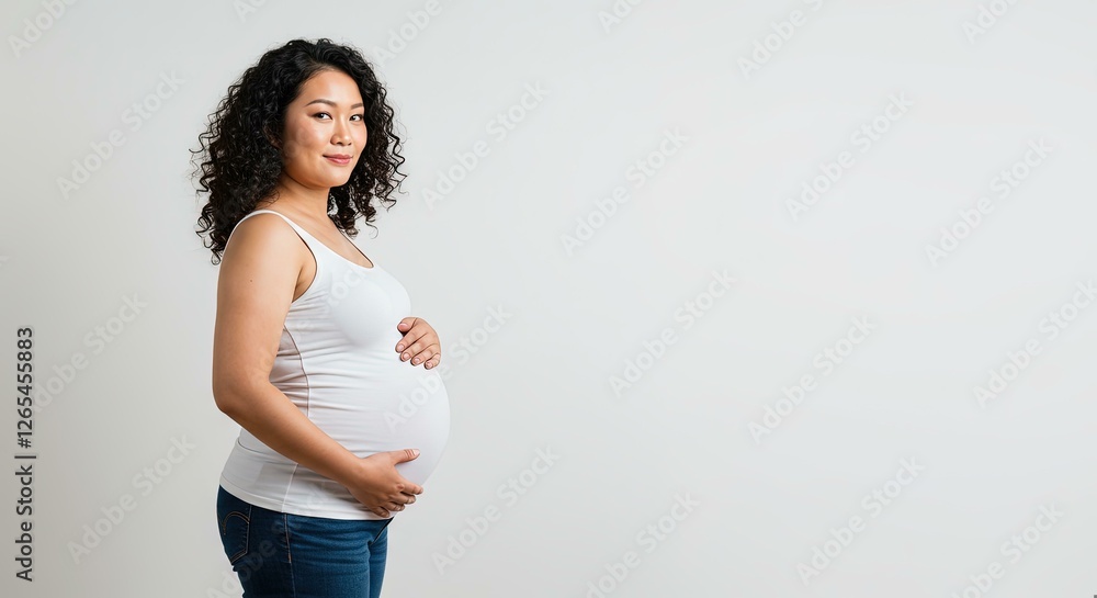 Smiling Asian Pregnant Woman White Top Plain Background - Joyful Maternity Portrait Pregnancy Marketing, Baby Shower, Motherhood Promotion