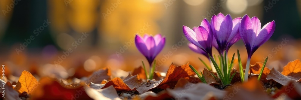 Fototapeta premium Crocus blooms against a backdrop of autumn leaves, crocus, petals, bloom