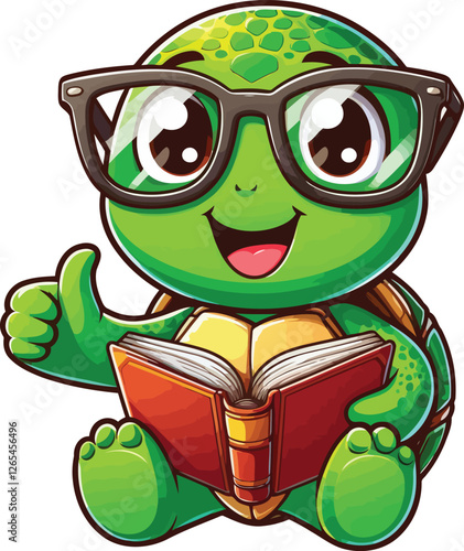 Adorable Cartoon Turtle Reading a Book – Cute and Whimsical Vector Illustration for Kids and Prints. photo