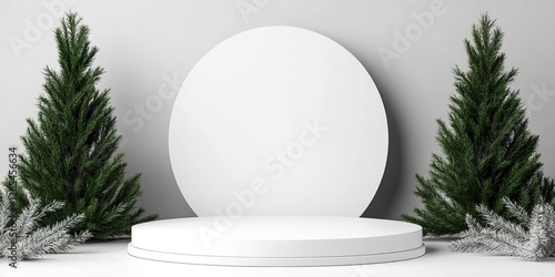 Festive Display: A minimalist, seasonal stage. A round platform is adorned with two christmas trees and accents of frosted pine. A striking backdrop enhances the presentation. photo