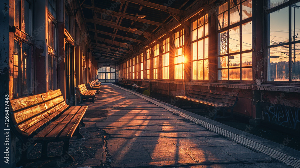 A nostalgic train station at sunset, with soft light filtering through the windows, highlighting vintage benches and an empty platform. A nostalgic train station at sunset, with soft light filtering through the windows, highlighting vintage benches and an empty platform.