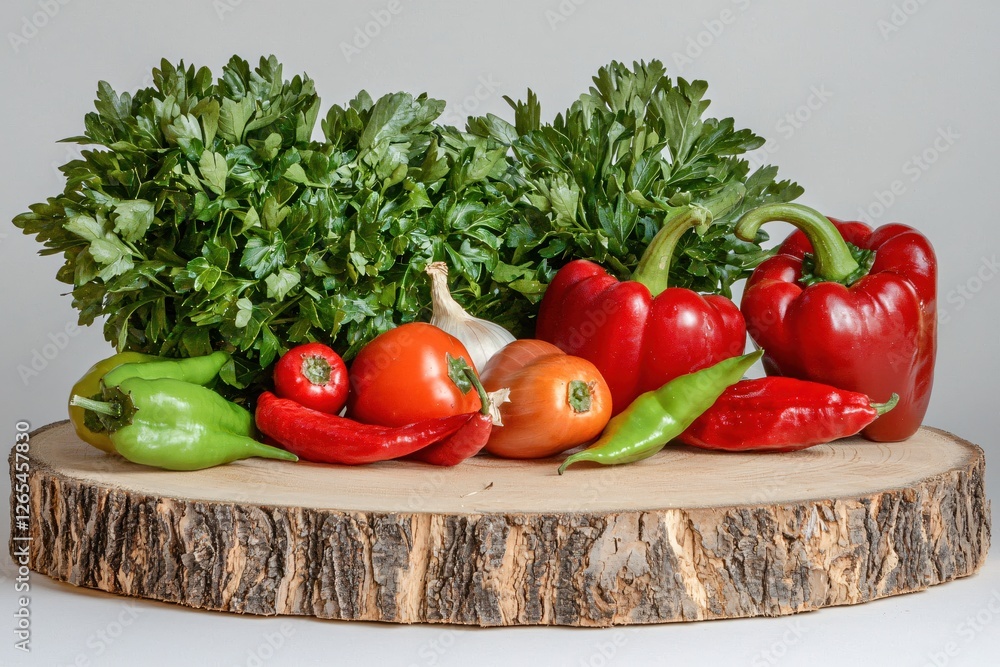 Fresh Vegetables on Wooden Slice A Vibrant Still Life with Peppers Tomatoes and Parsley Fresh Vegetables on Wooden Slice A Vibrant Still Life with Peppers Tomatoes and Parsley