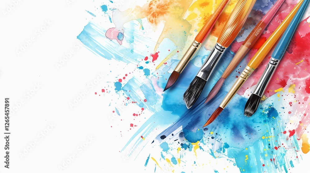 Fototapeta premium Vibrant Watercolor Paint Splashes with Colorful Artist Paintbrushes