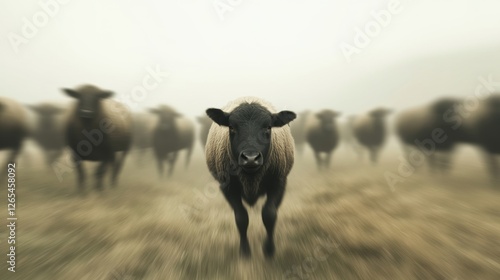 Sheep herd running, foggy field, leader, pastoral scene photo