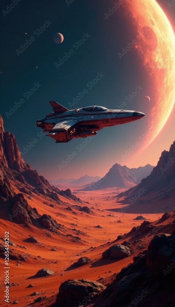 Fototapeta premium Spacecraft hovering above a desolate planet surface, space exploration, interstellar, starship