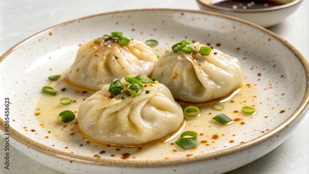 Steamed dumplings with sesame oil and scallions on a ceramic plate, Snack, Appetizer, Local ingredient Steamed dumplings with sesame oil and scallions on a ceramic plate, Snack, Appetizer, Local ingredient