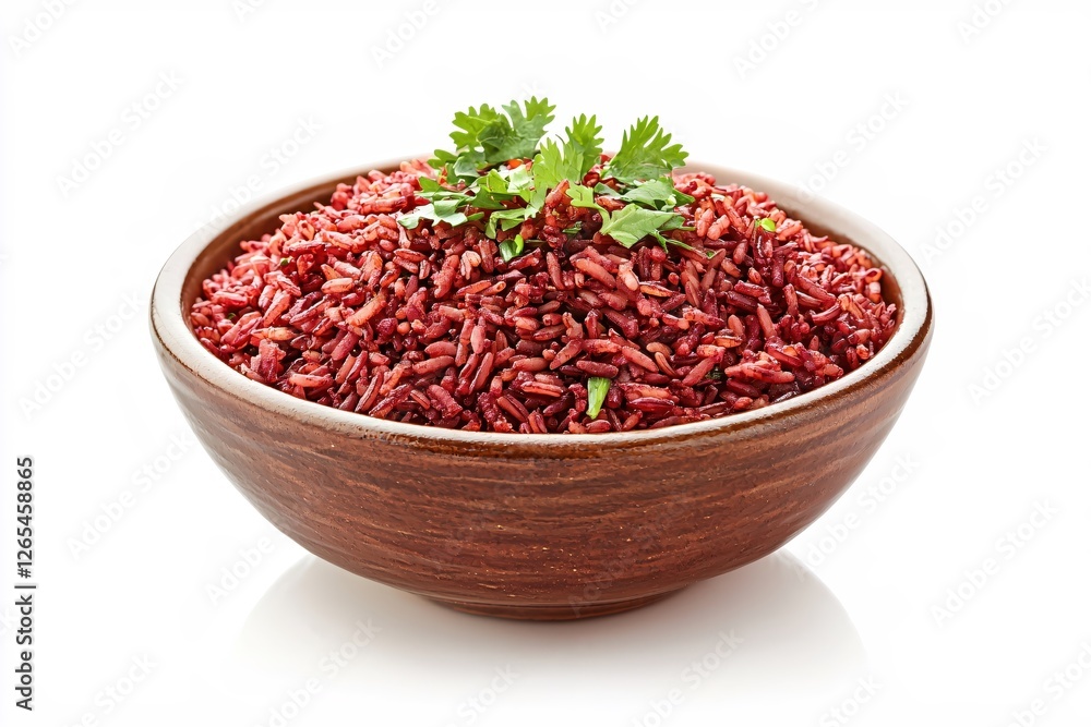 Bowl of delicious red rice with fresh cilantro garnish on a clean white background Bowl of delicious red rice with fresh cilantro garnish on a clean white background