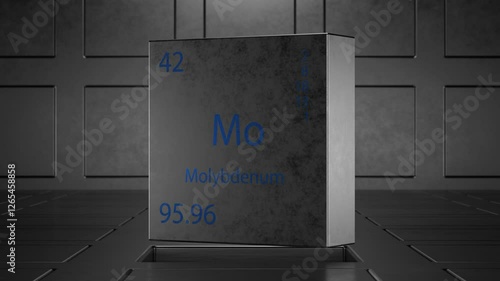 Rotating metal cube showing chemical element molybdenum. Design of chemical element molybdenum showing element name, atomic weight and number. Molybdenum in the periodic table. Rare earth metal.