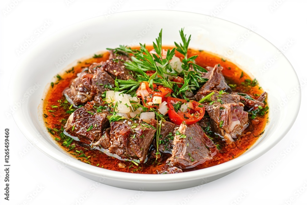 Hearty beef stew with fresh herbs and vibrant vegetables served in a white ceramic bowl Hearty beef stew with fresh herbs and vibrant vegetables served in a white ceramic bowl