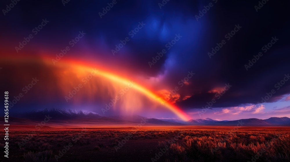 A breathtaking landscape featuring a vibrant rainbow arching across a dramatic sky illuminated with shades of orange, purple, and blue, creating a serene atmosphere. A breathtaking landscape featuring a vibrant rainbow arching across a dramatic sky illuminated with shades of orange, purple, and blue, creating a serene atmosphere.