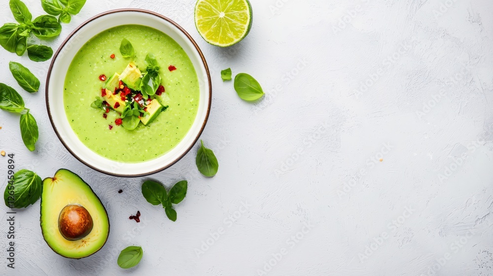Creamy avocado soup with lime and basil a vibrant vegan dish on a textured white surface Creamy avocado soup with lime and basil a vibrant vegan dish on a textured white surface